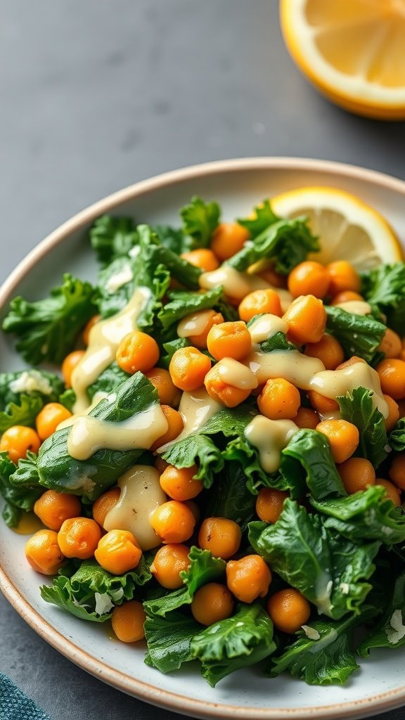 A vibrant kale salad featuring crispy chickpeas and a creamy dressing.