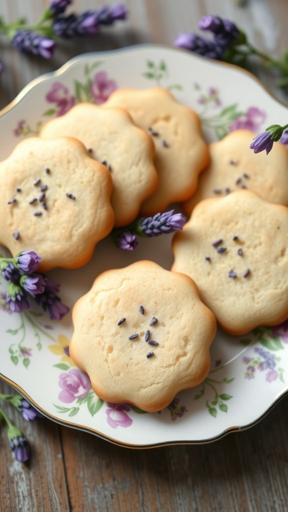 Lavender shortbread cookies arranged on a floral plate with lavender sprigs