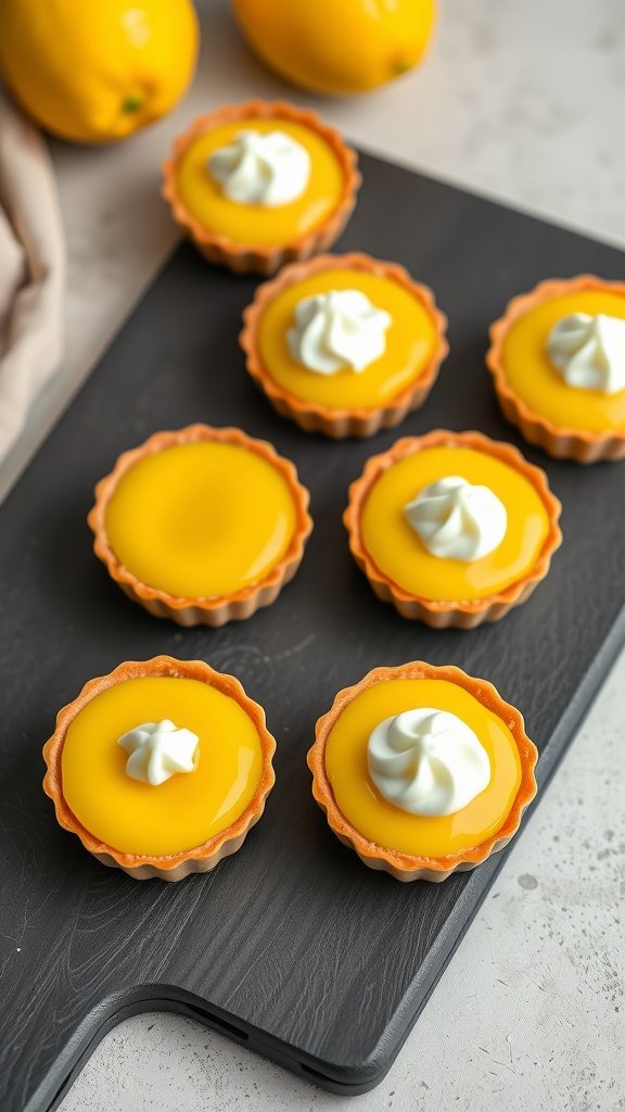 Mini lemon curd tartlets topped with whipped cream.