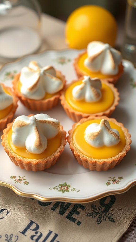 Lemon tartlets topped with meringue on a decorative plate