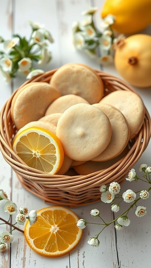 Lemon Zest Shortbread Cookies in a basket with lemon slices and flowers