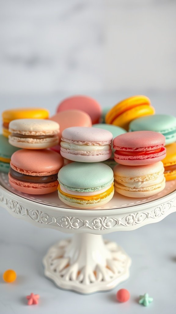 Colorful French macarons arranged on a decorative plate.
