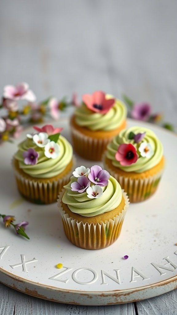 Matcha green tea cupcakes decorated with vibrant edible flowers