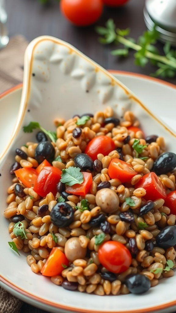 A vibrant Mediterranean lentil salad with cherry tomatoes, black olives, diced bell pepper, and parsley.