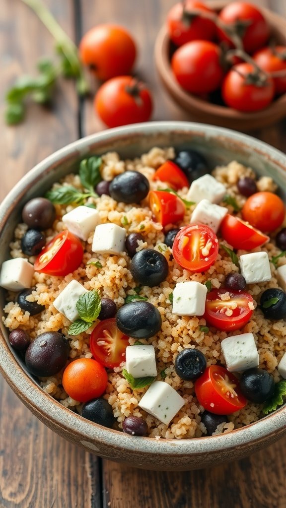 A colorful bowl of Mediterranean Quinoa Salad with halved cherry tomatoes, olives, cubed feta cheese, and fresh herbs.
