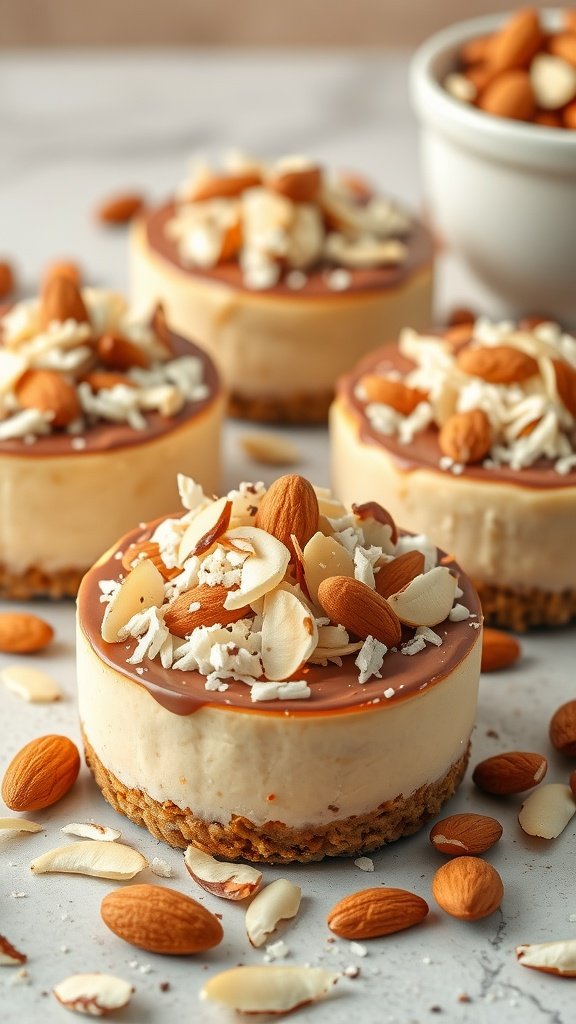 Mini Almond Joy Cheesecakes with chocolate and almonds