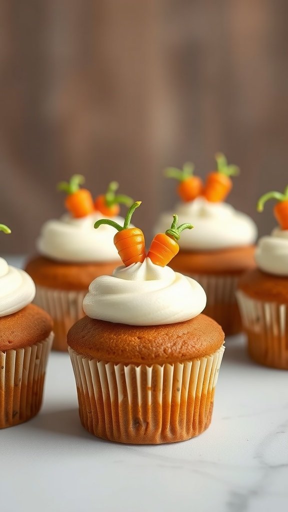Mini carrot cakes with cream cheese frosting and decorative carrots on top