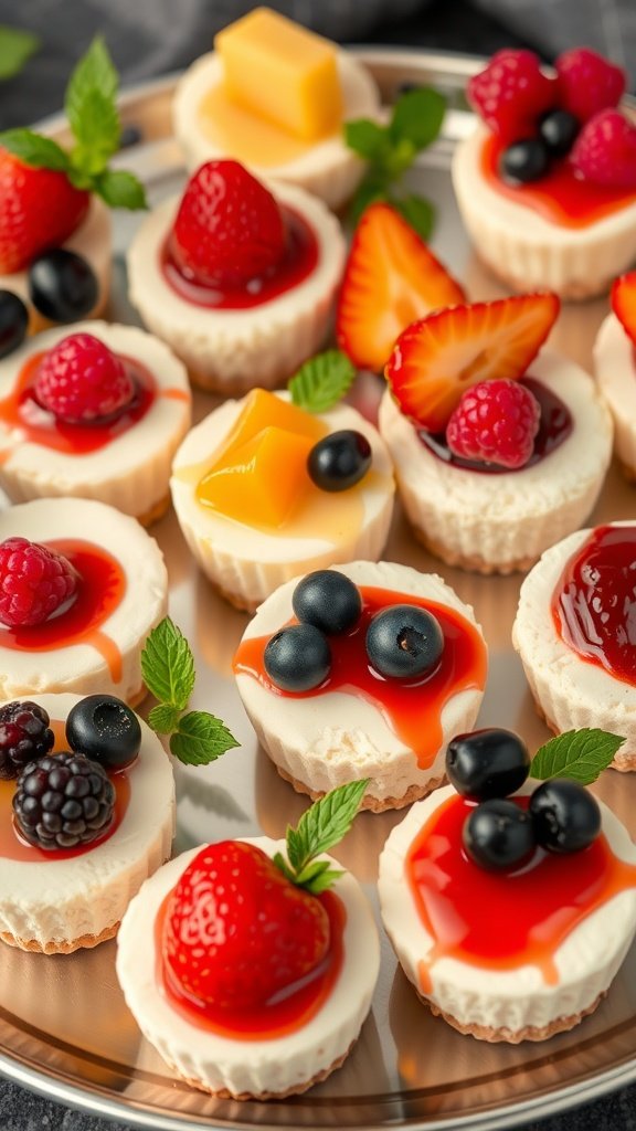 Mini cheesecake bites topped with various fruits on a serving tray.