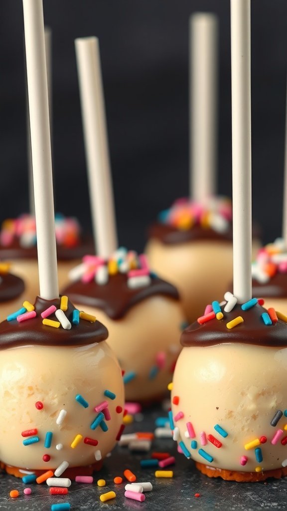 Mini cheesecake pops coated in chocolate and decorated with sprinkles