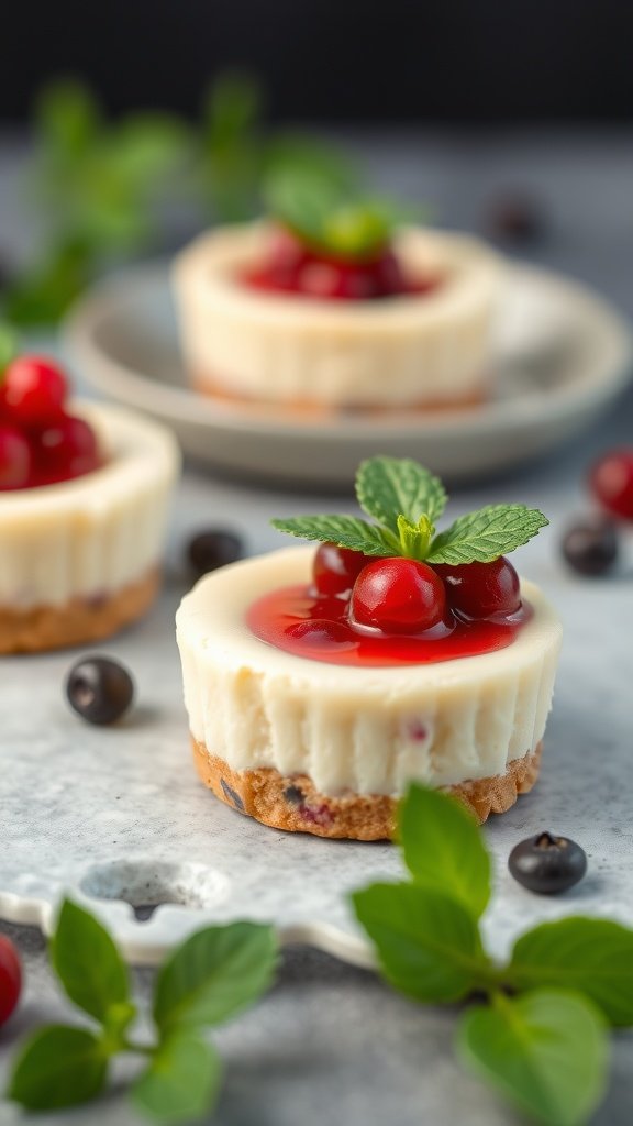 Mini cheesecakes topped with berry compote and mint leaves