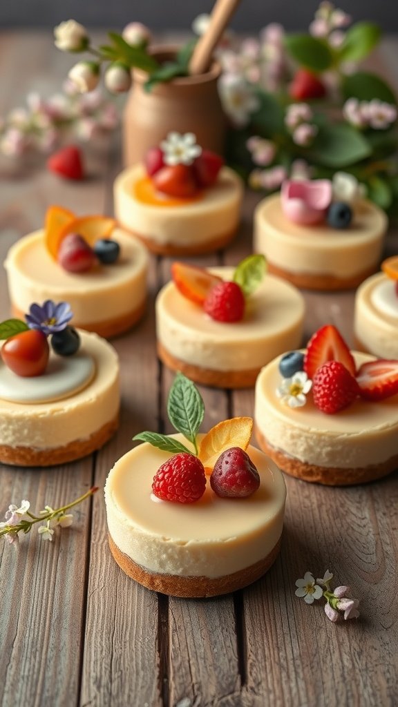 Mini cheesecakes topped with fresh fruits and edible flowers. Mini desserts for weddings