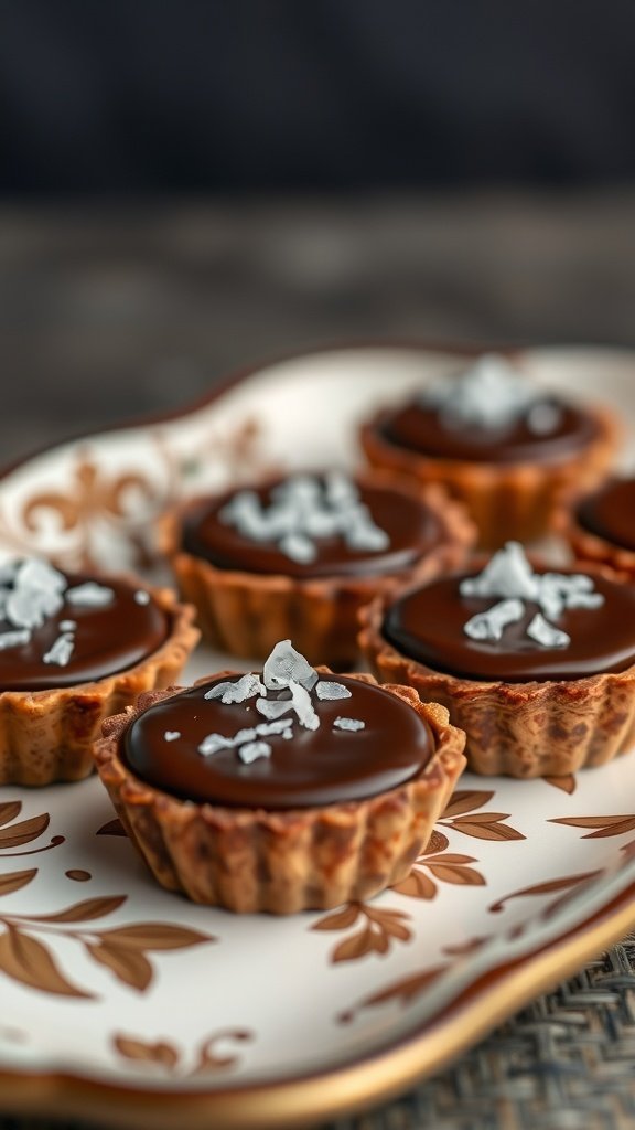 Mini chocolate tarts topped with sea salt flakes on an elegant plate.