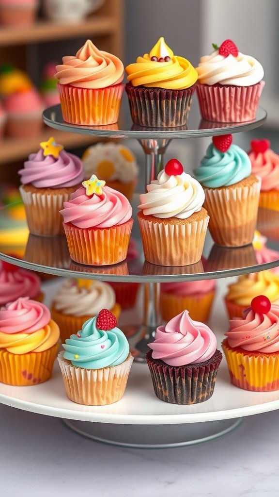 An assortment of colorful mini cupcakes displayed on a tiered stand.