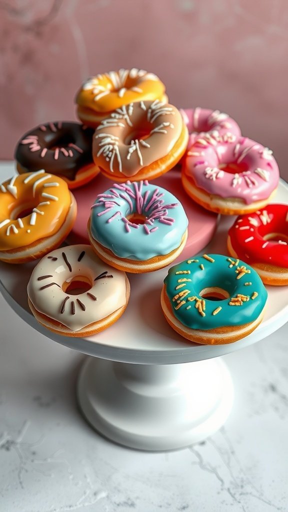 A selection of colorful mini donuts with various glazes and sprinkles.