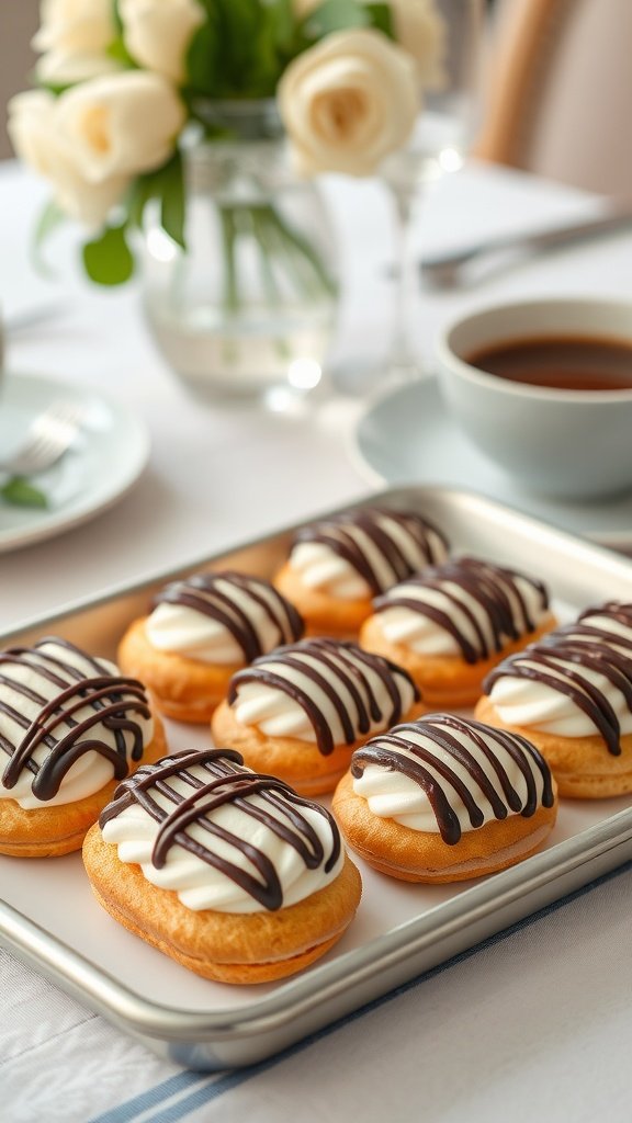 Tray of mini eclairs with cream filling and chocolate drizzle