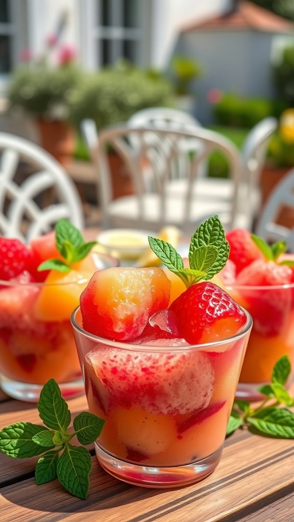 Mini Fruit Sorbet Cups with fresh fruits and mint garnish