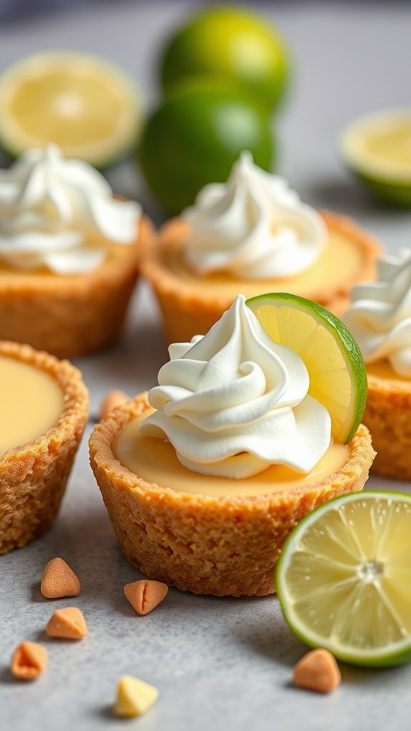 Mini Key Lime Pies topped with whipped cream and lime slices