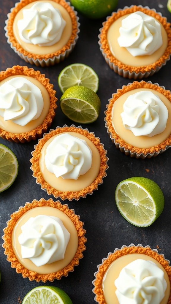 Mini Key Lime Pies with whipped cream and lime slices. Mini desserts for parties