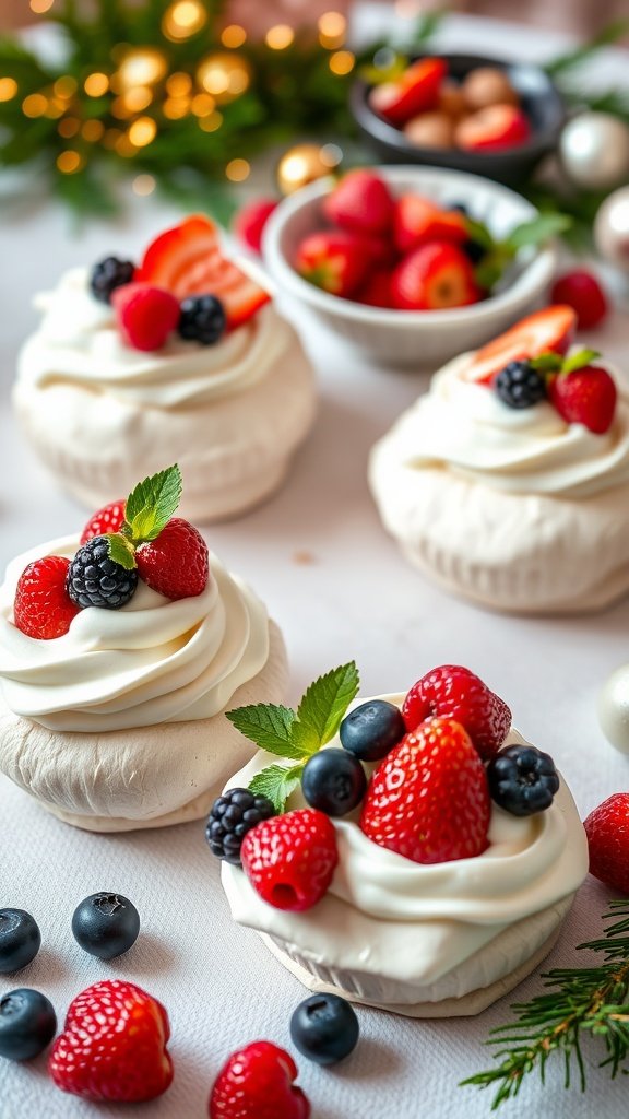 Mini pavlovas topped with fresh berries and whipped cream
