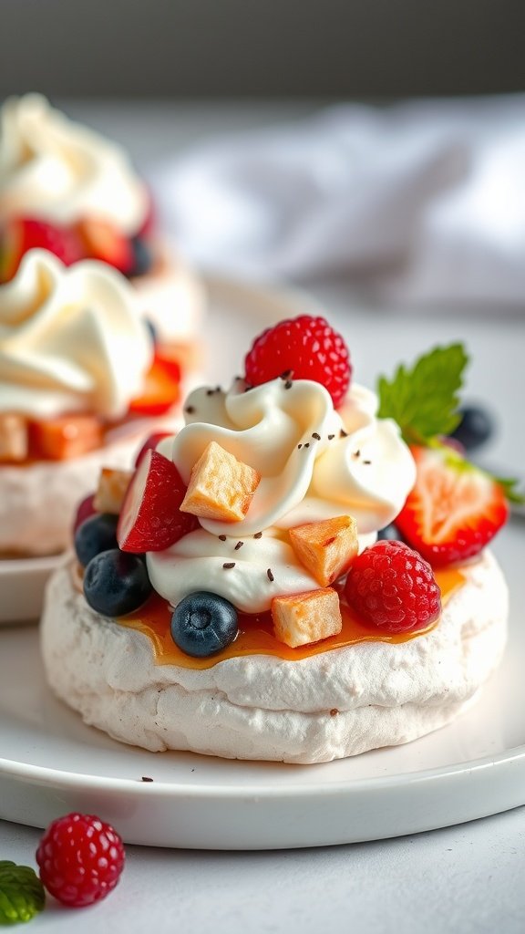 Mini Pavlovas topped with whipped cream and fresh berries