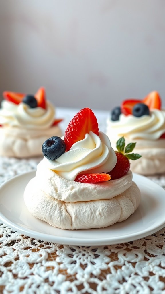 Mini pavlovas topped with whipped cream and fresh berries