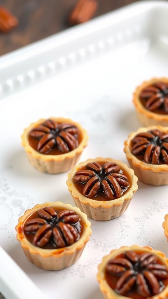 Mini Pecan Pie Tartlets arranged neatly on a platter.