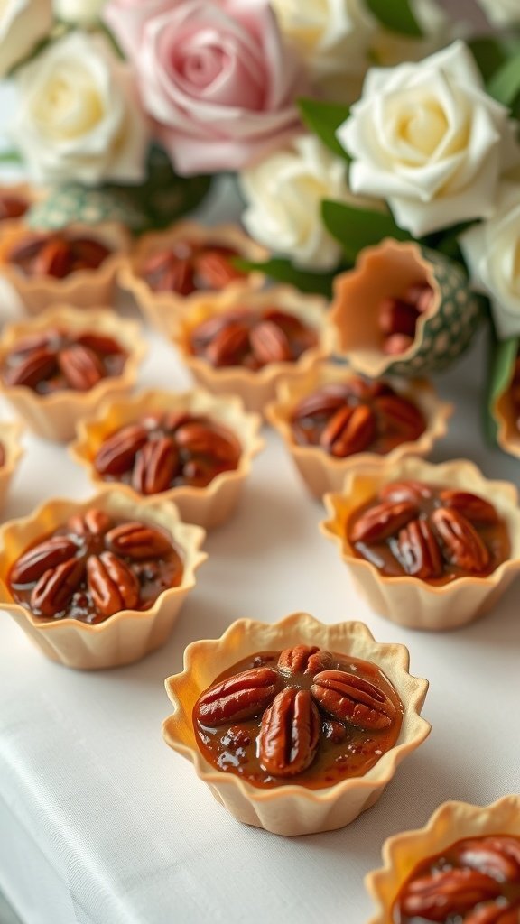 Mini pecan pies in phyllo cups arranged beautifully with flowers in the background.