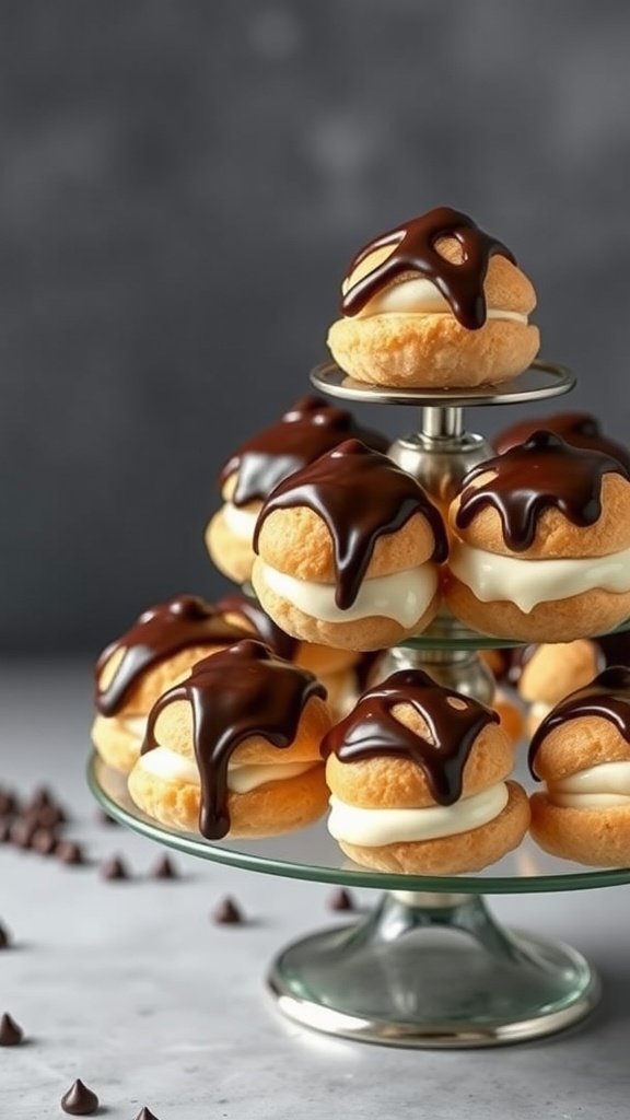 Mini profiteroles with cream filling and chocolate drizzle on a tiered stand