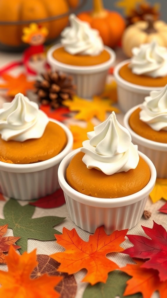 Mini pumpkin pie cups topped with whipped cream and surrounded by autumn leaves.