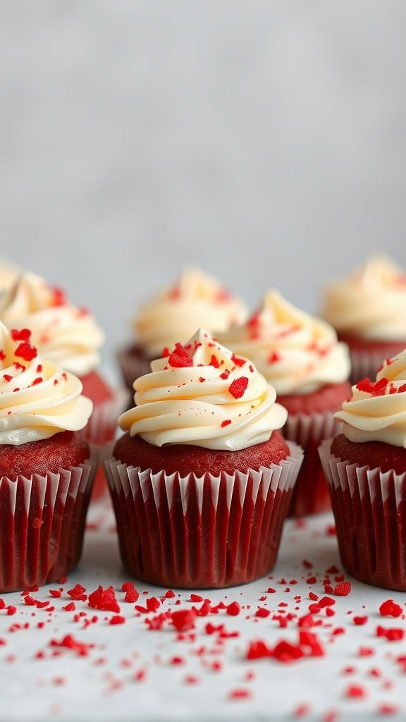 Delicious mini red velvet cupcakes topped with cream cheese frosting and red sprinkles.