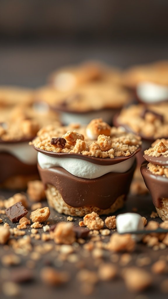 Delicious mini s'mores cups with chocolate and marshmallow layers topped with crumbled graham crackers.