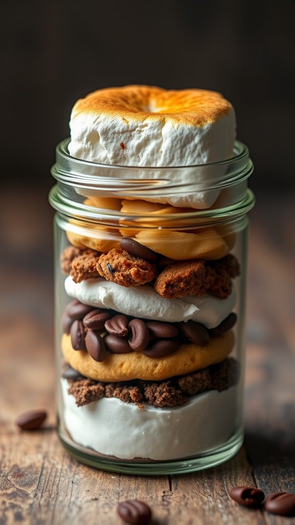 Mini S'mores in a Jar dessert with layers of marshmallow, chocolate, and graham crackers.