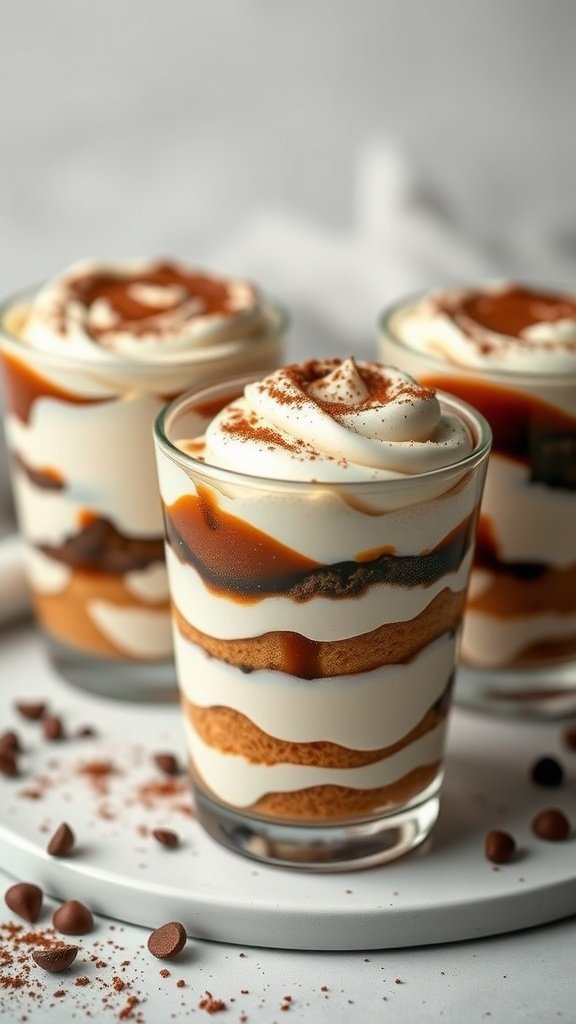 Mini tiramisu cups garnished with cocoa powder and chocolate sauce.