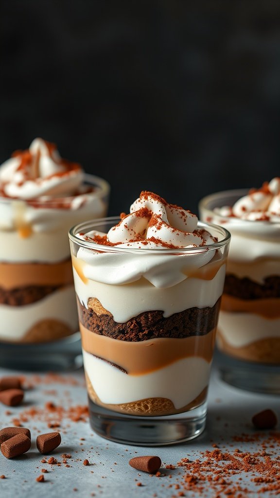 Delicious mini tiramisu cups layered with mascarpone cream and coffee-soaked ladyfingers.