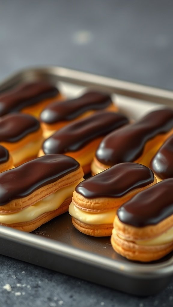 Delicious miniature eclairs filled with pastry cream and topped with chocolate ganache.