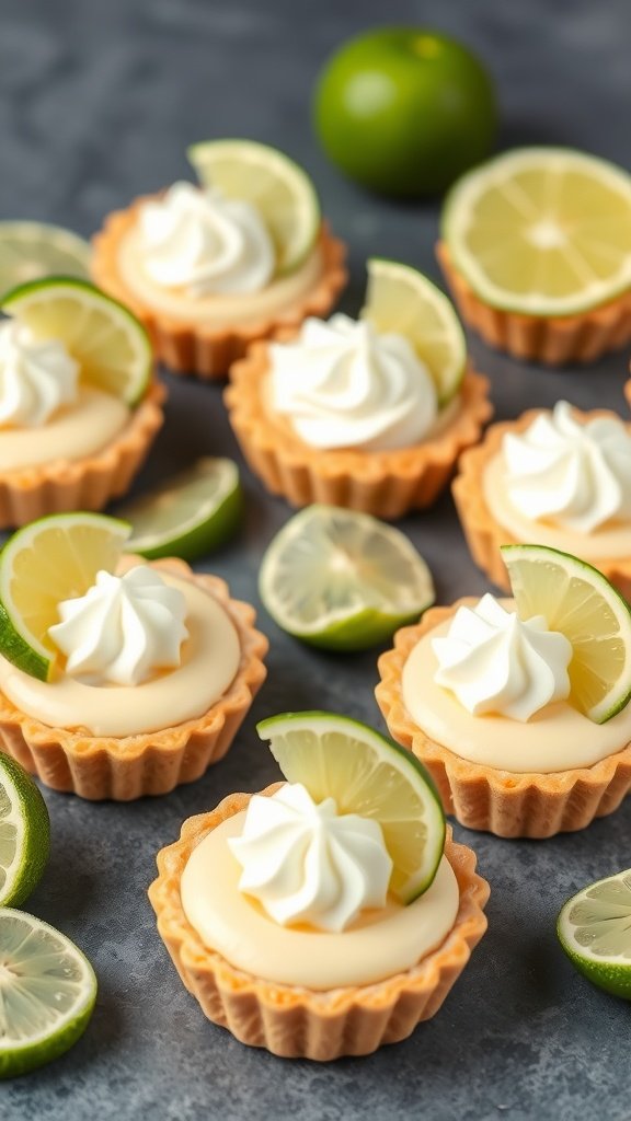 Miniature Key Lime Pies topped with whipped cream and lime slices