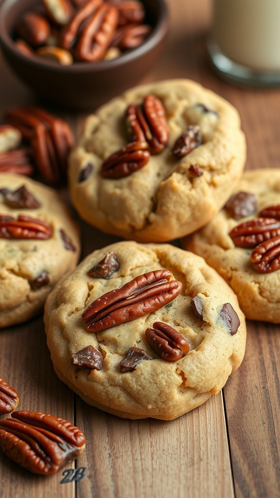 Nutty maple cookies with pecans on a wooden table