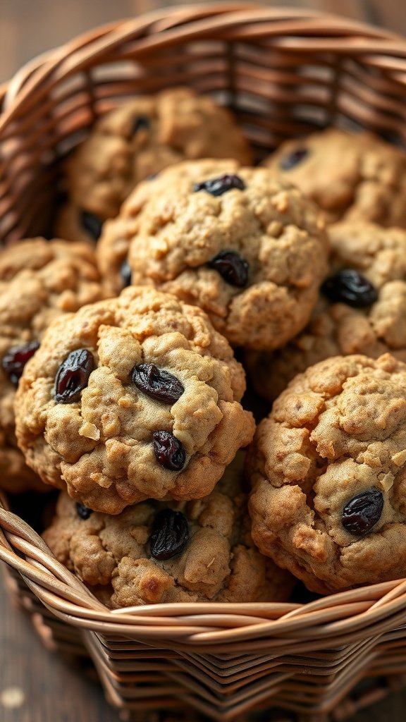 A basket of homemade oatmeal raisin cookies with a golden-brown color, showcasing a chewy texture and sweet raisins.