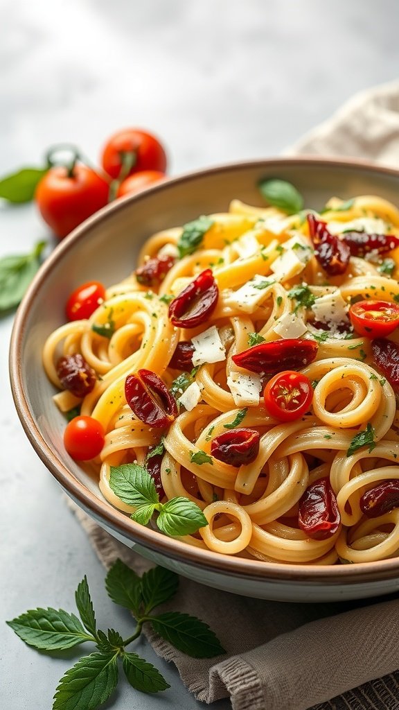 A bowl of pasta salad with pesto, featuring cherry tomatoes and sun-dried tomatoes.