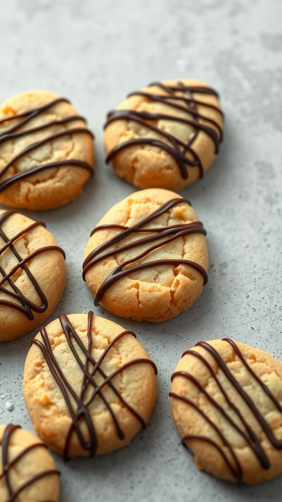 Peanut Butter Egg Cookies decorated with chocolate drizzle