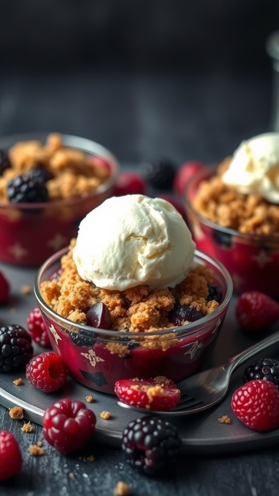 Delicious petite berry crumbles in small bowls, topped with ice cream and surrounded by fresh berries.