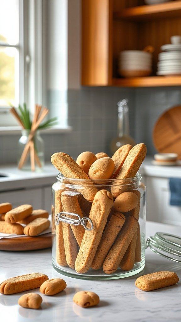 A jar filled with petite biscotti, neatly arranged and ready to enjoy.