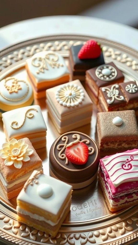 Assorted petite fours decorated elegantly for a wedding.  Mini desserts for weddings