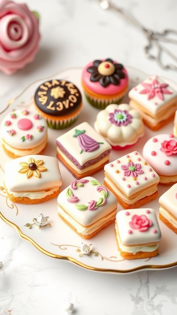 Elegant petite fours decorated with colorful icing and floral designs on a plate.