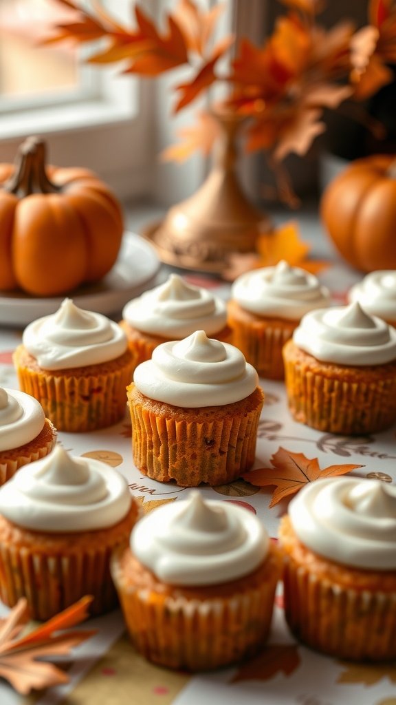 Mini pumpkin spice cakes topped with cream cheese frosting, decorated for fall.