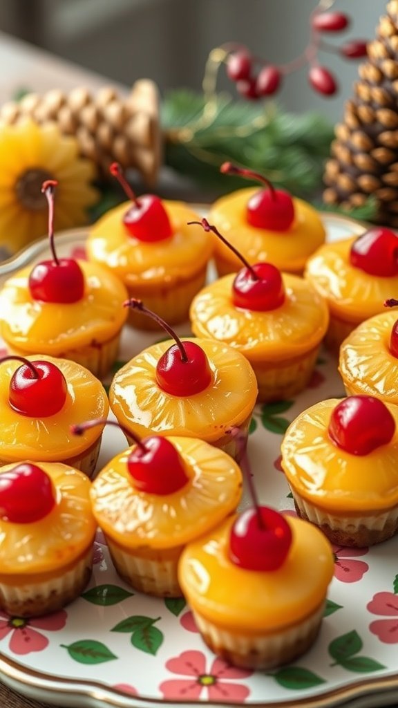 Mini pineapple upside-down cake bites topped with cherries