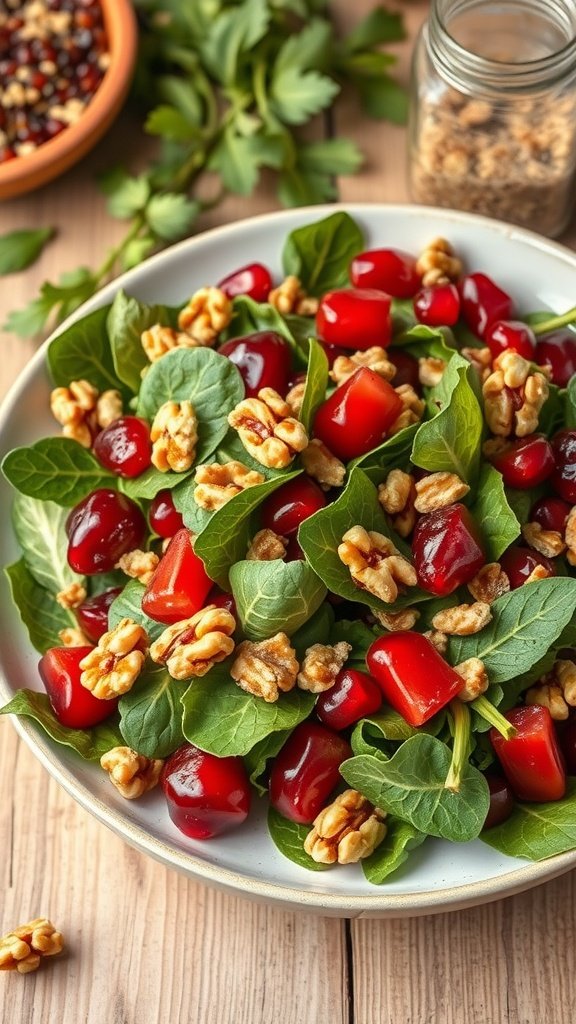 A fresh Pomegranate and Walnut Salad with spinach, pomegranate seeds, walnuts, and diced bell pepper.