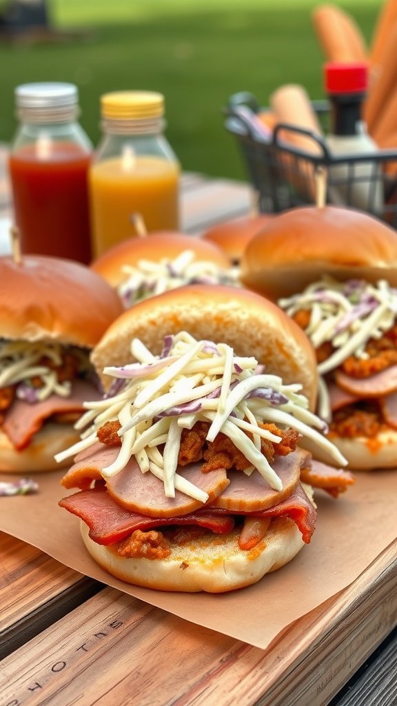 Delicious pulled ham sliders with coleslaw and cheese on soft buns