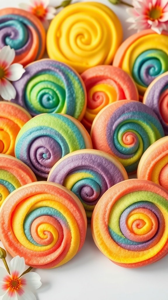 Colorful rainbow swirl cookies arranged in a playful manner.