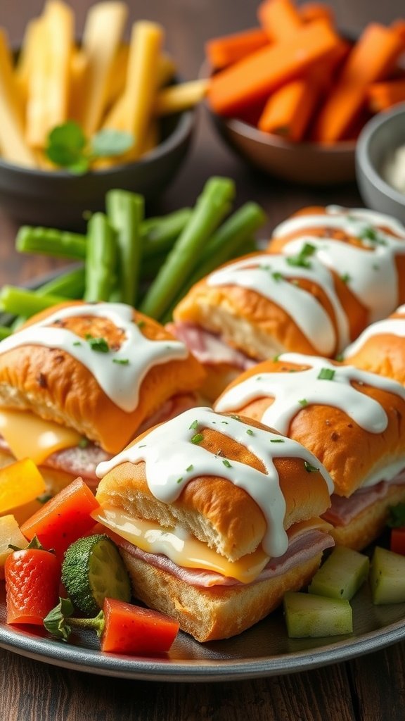 Delicious ham and cheese sliders with ranch dressing.